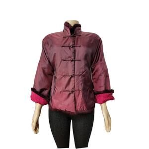 LORANZO Silk Burgundy Red Feather Trim Made In Italy Women's Jacket Sz L #W7